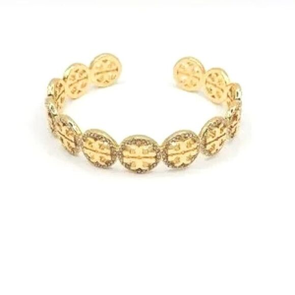 New Tory Burch Gold Logo Round Pave cuff Bracelet, Comes With Dust Bag - Picture 1 of 4